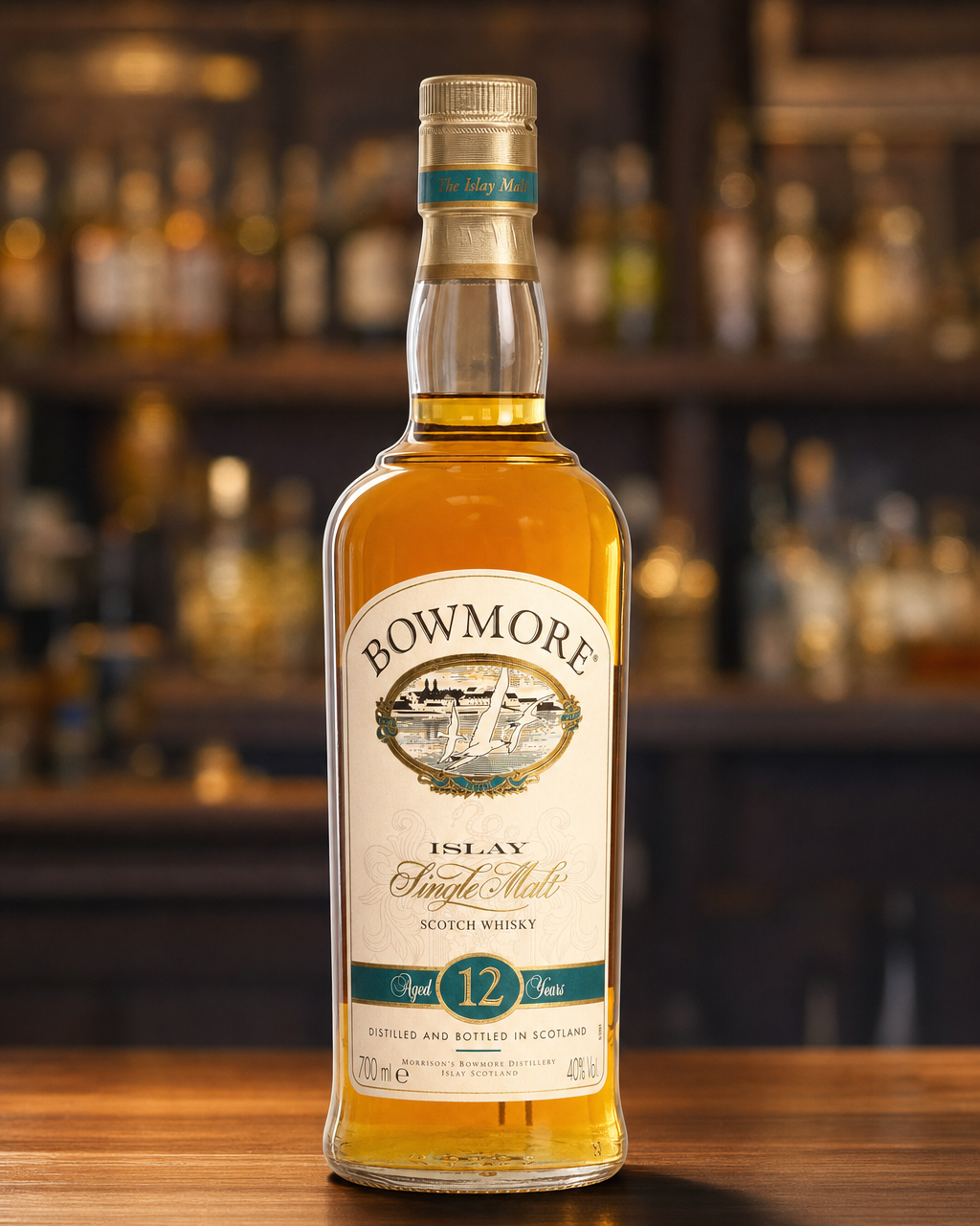 Bowmore 12 Year Old bottle, alternate view