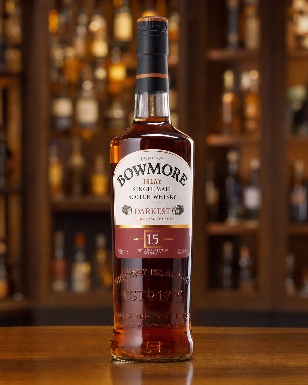 Bowmore 15 Year Old (Darkest) bottle, alternate view