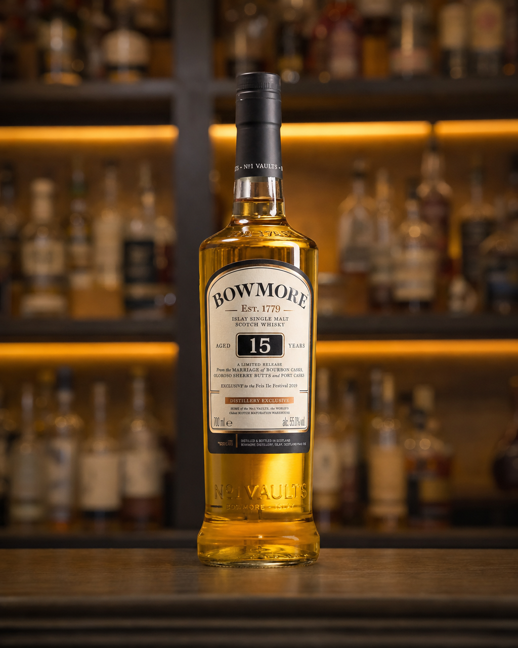 Bowmore 15 Year Old (Feis Ile 2019 Distillery Exclusive) bottle, alternate view