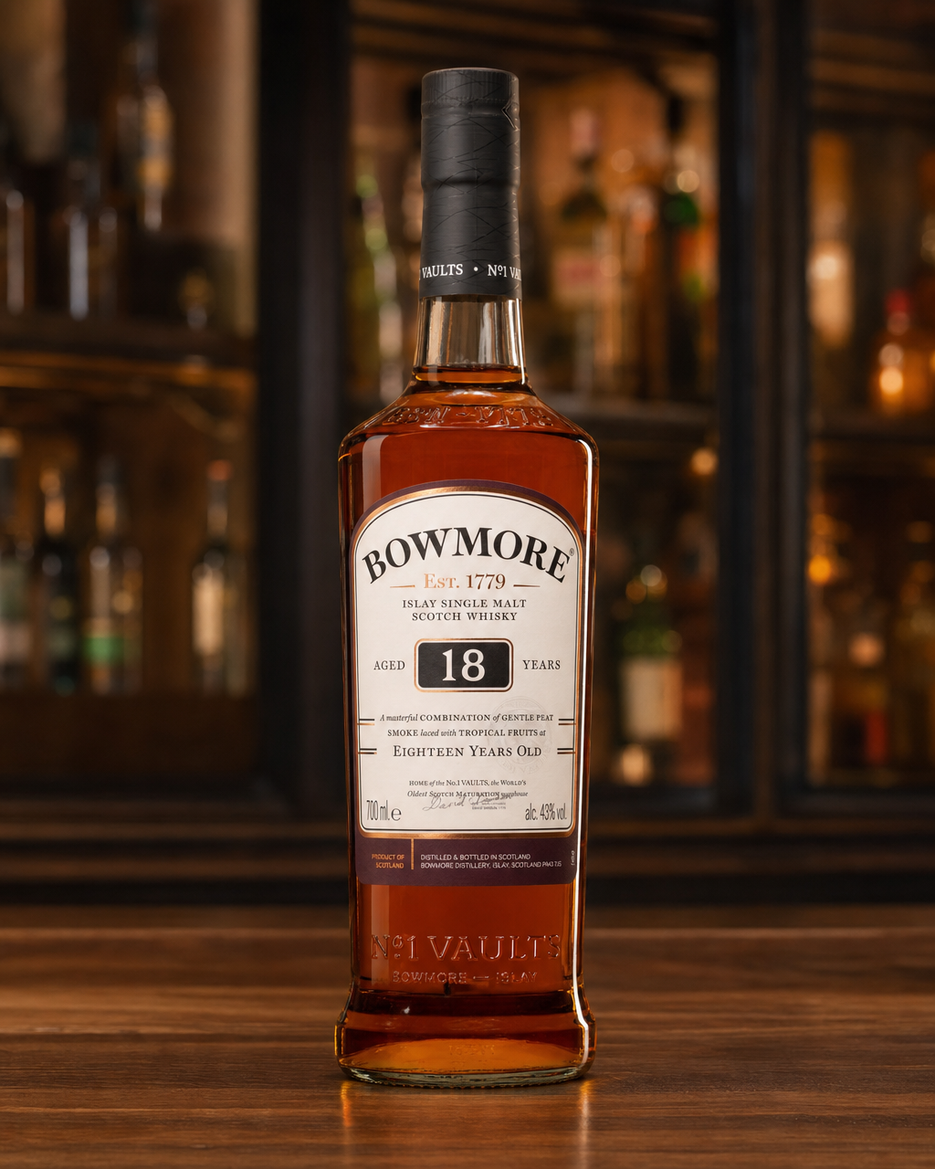 Bowmore 18 Year Old bottle, alternate view