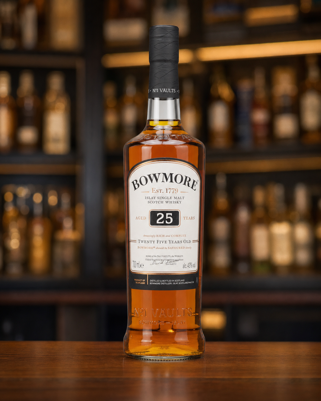 Bowmore 25 Year Old bottle, alternate view