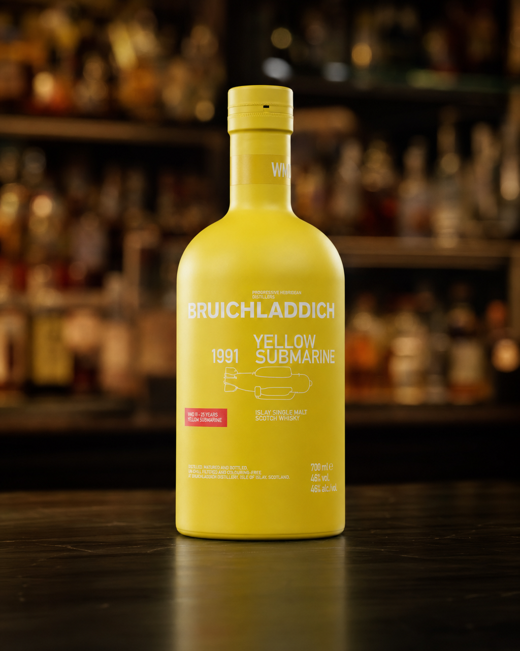 Bruichladdich 25 Year Old (WMD III Yellow Submarine 1991) bottle, alternate view