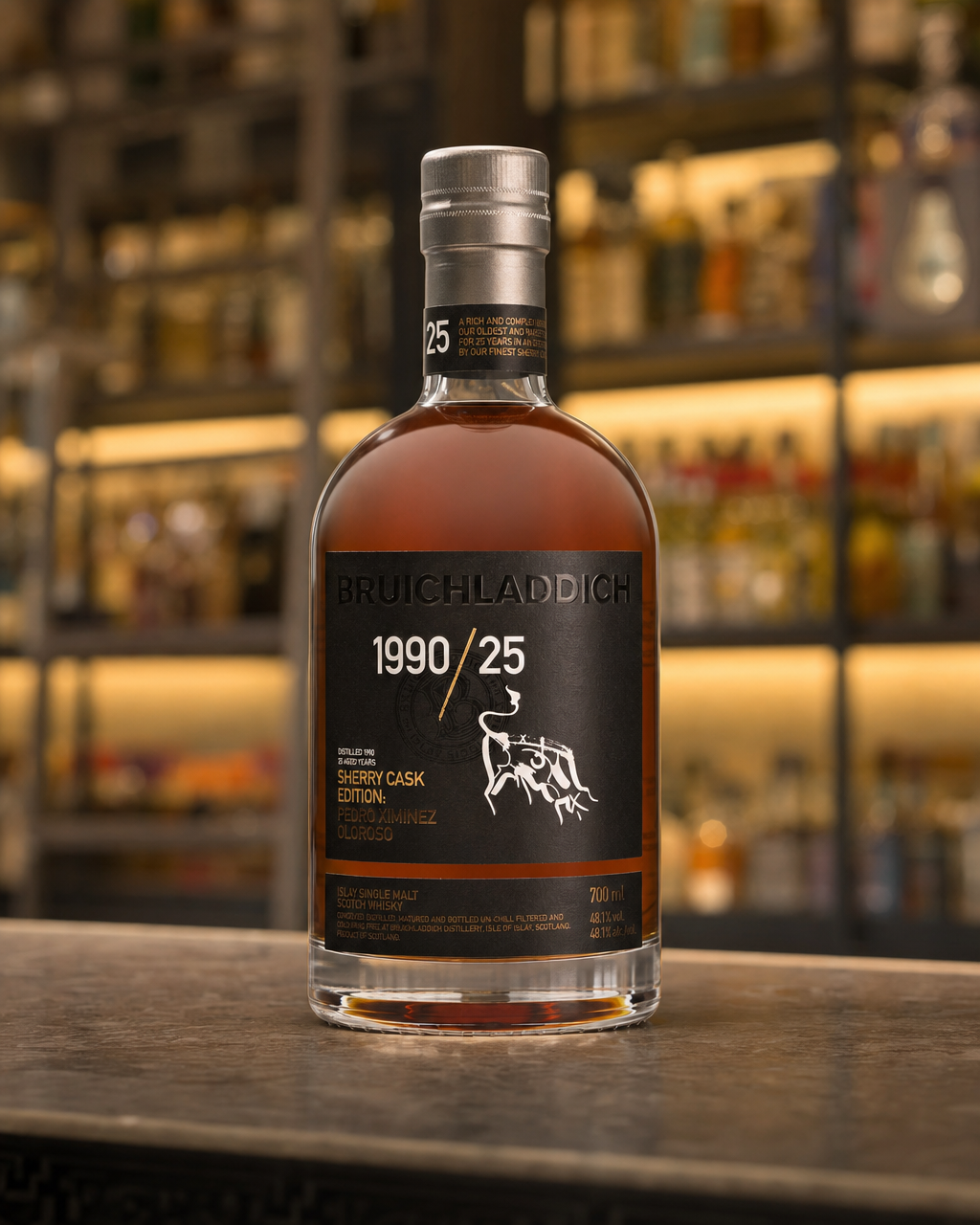Bruichladdich 25 Year Old (1990 Sherry Cask Edition) bottle, alternate view