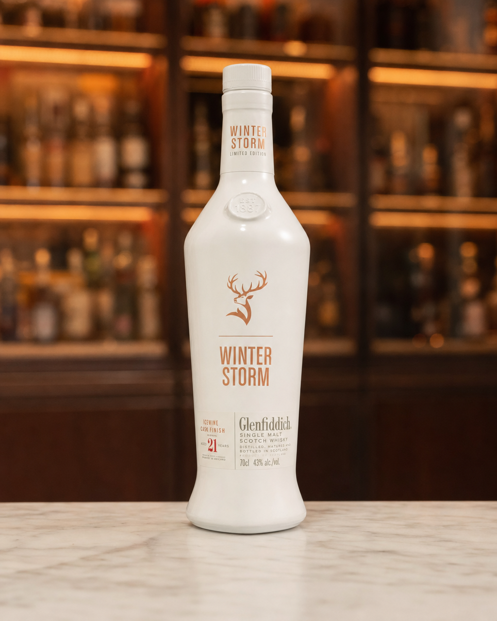 Glenfiddich 21 Years Old (Winter Storm) bottle, alternate view