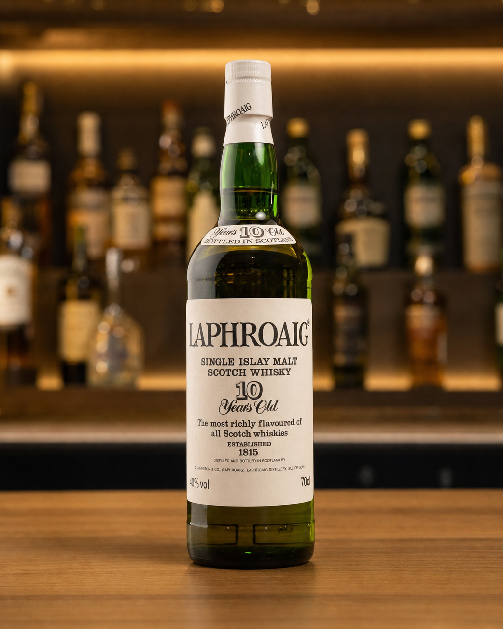 Laphroaig 10 Year Old bottle, alternate view