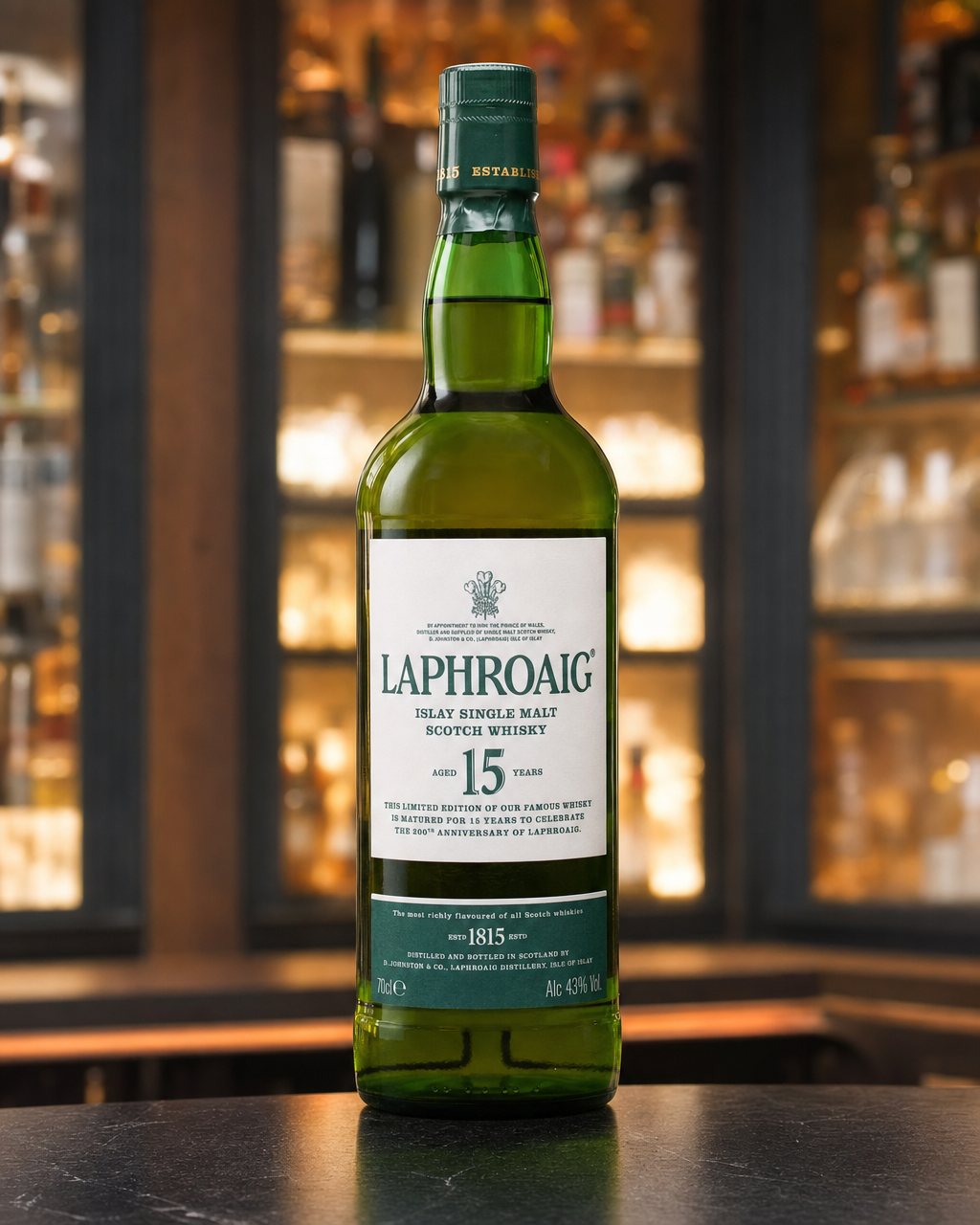 Laphroaig 15 Year Old (200th Anniversary) bottle, alternate view