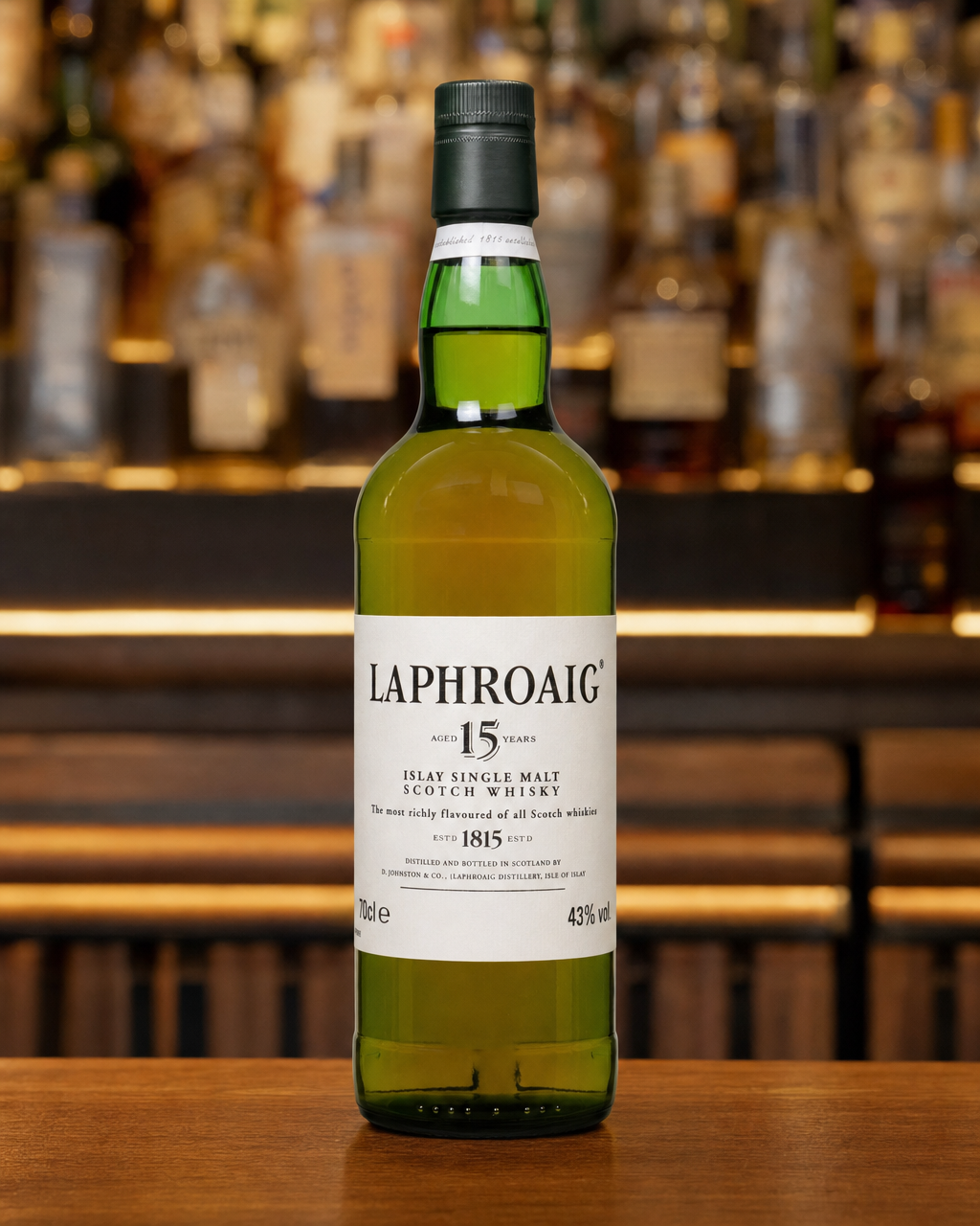 Laphroaig 15 Year Old bottle, alternate view