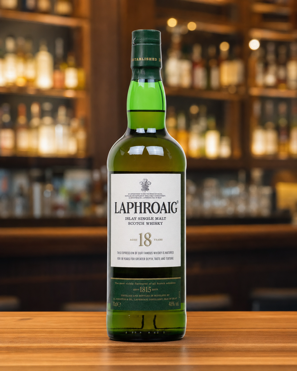 Laphroaig 18 Year Old bottle, alternate view