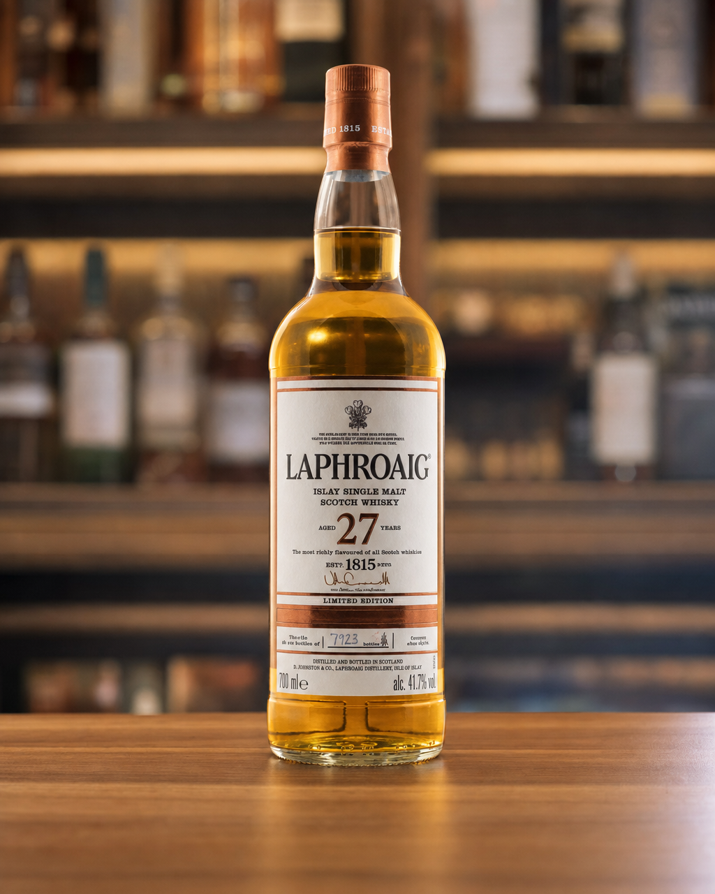 Laphroaig 27 Year Old bottle, alternate view