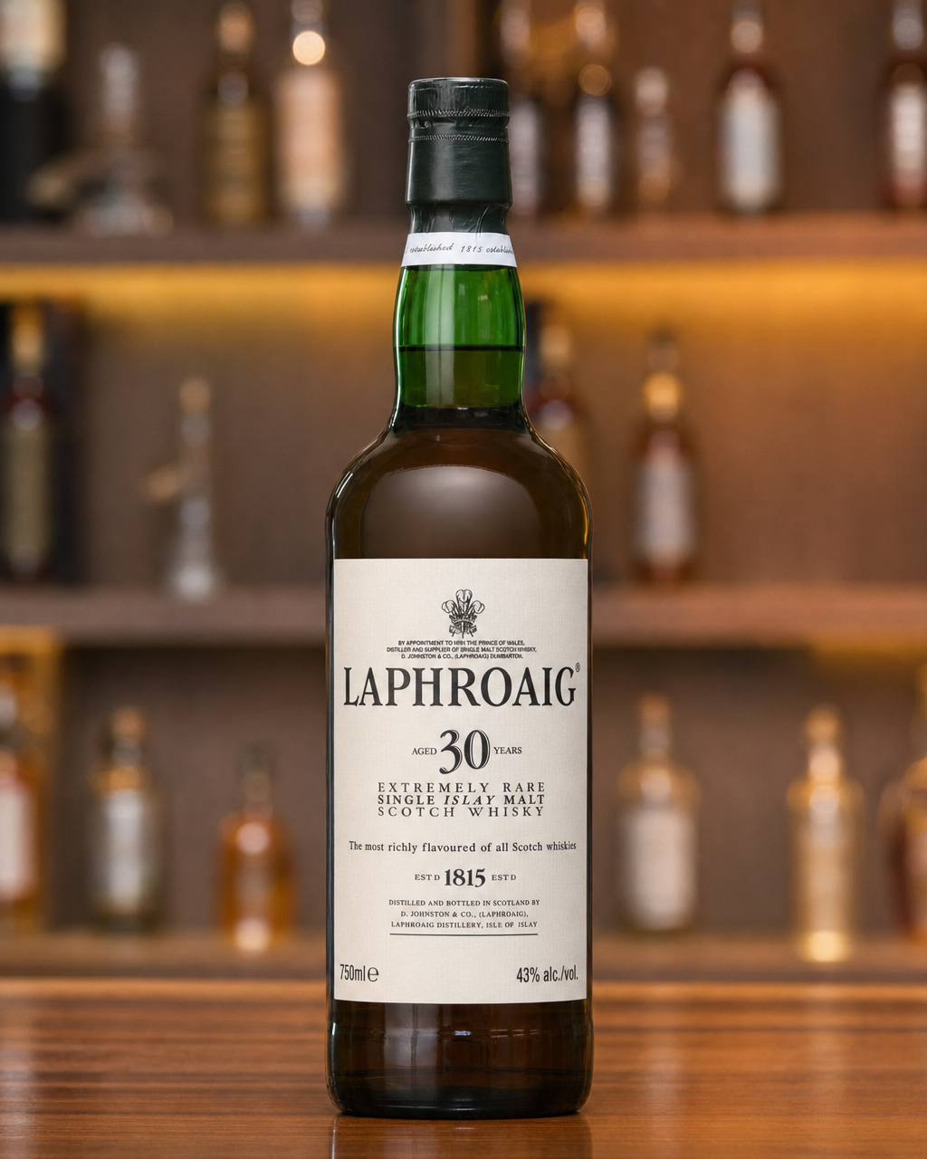 Laphroaig 30 Year Old bottle, alternate view