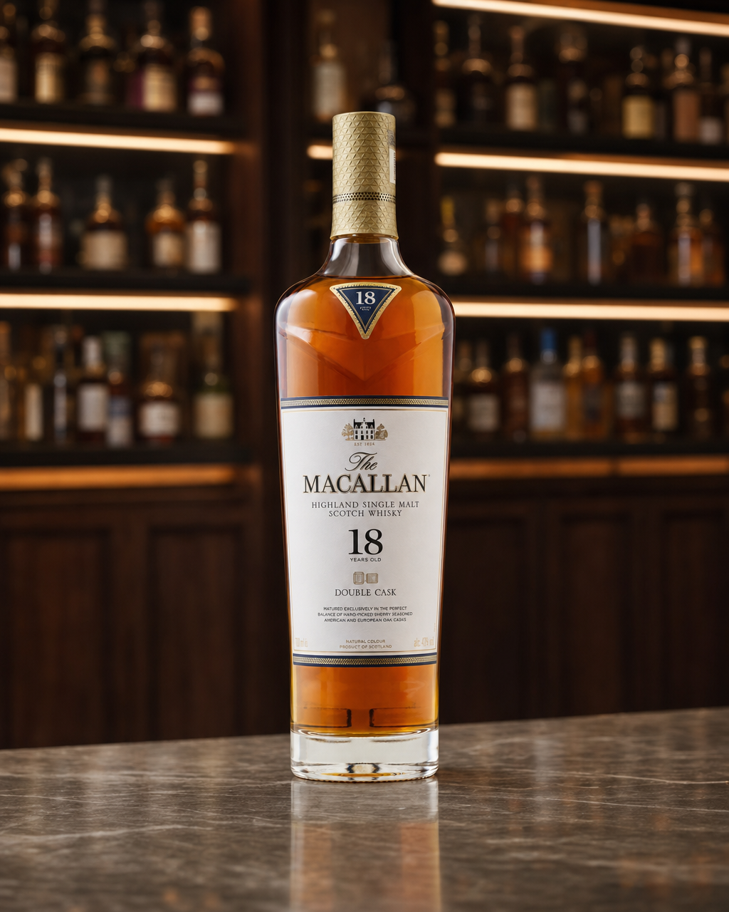 Macallan Double Cask, 18 Years Old (2021) bottle, alternate view
