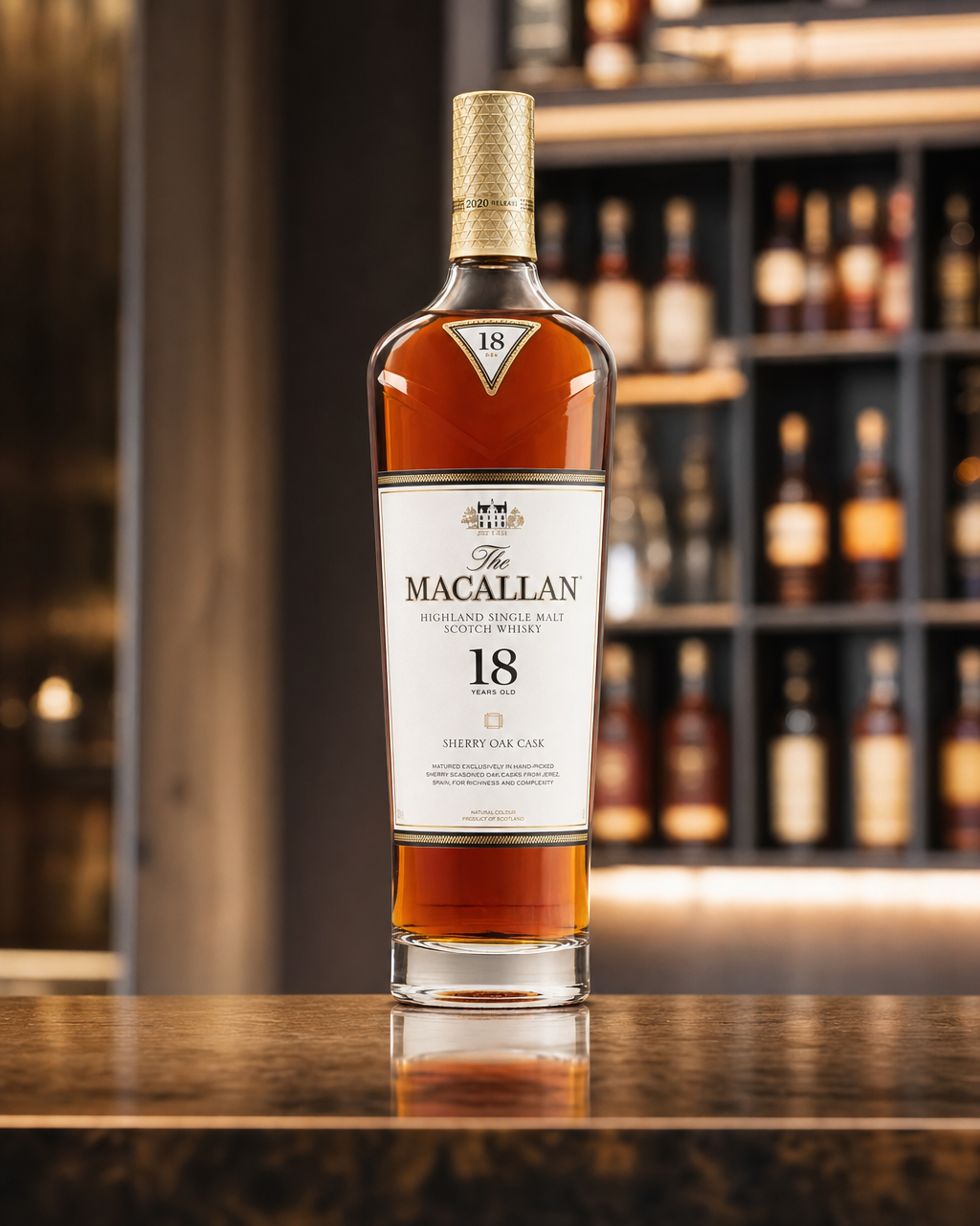 Macallan Sherry Oak, 18 Years Old (2020) bottle, alternate view