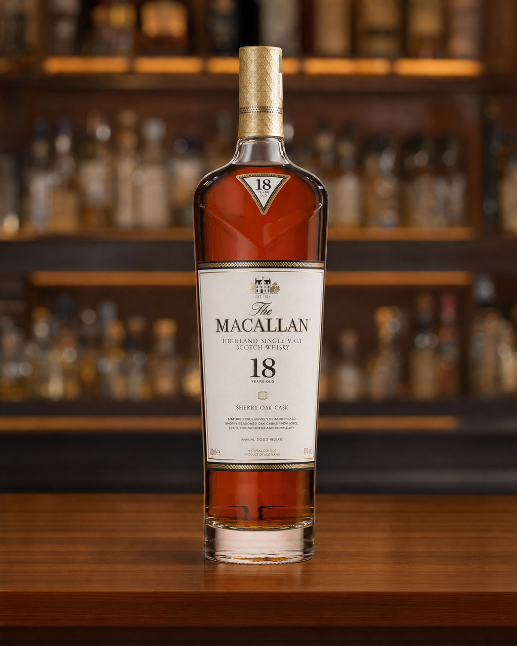 Macallan Sherry Oak, 18 Years Old (2023) bottle, alternate view