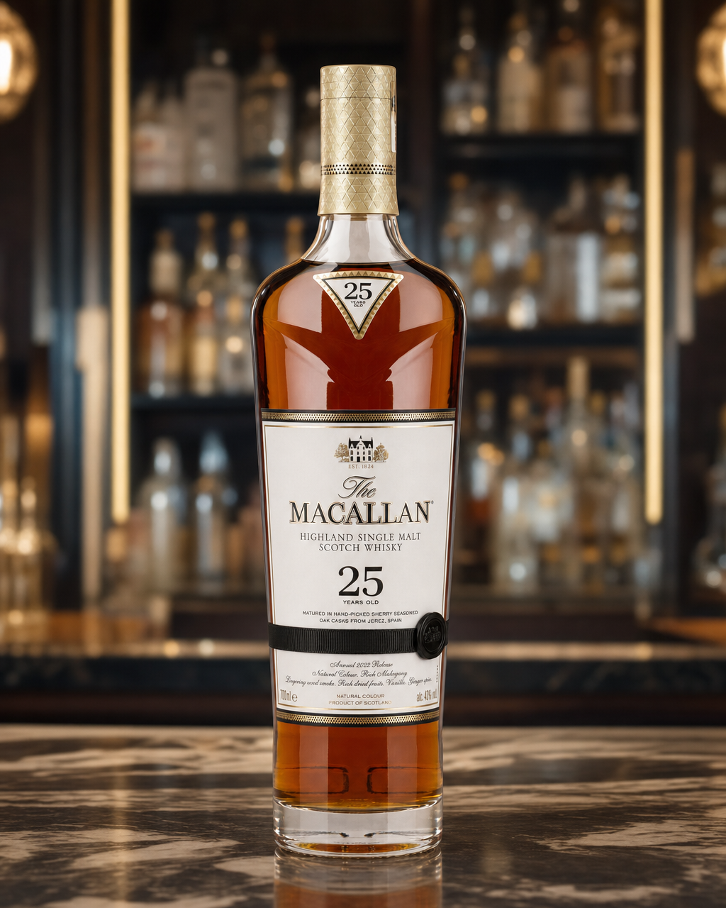 Macallan Sherry Oak, 25 Years Old (2022) bottle, alternate view