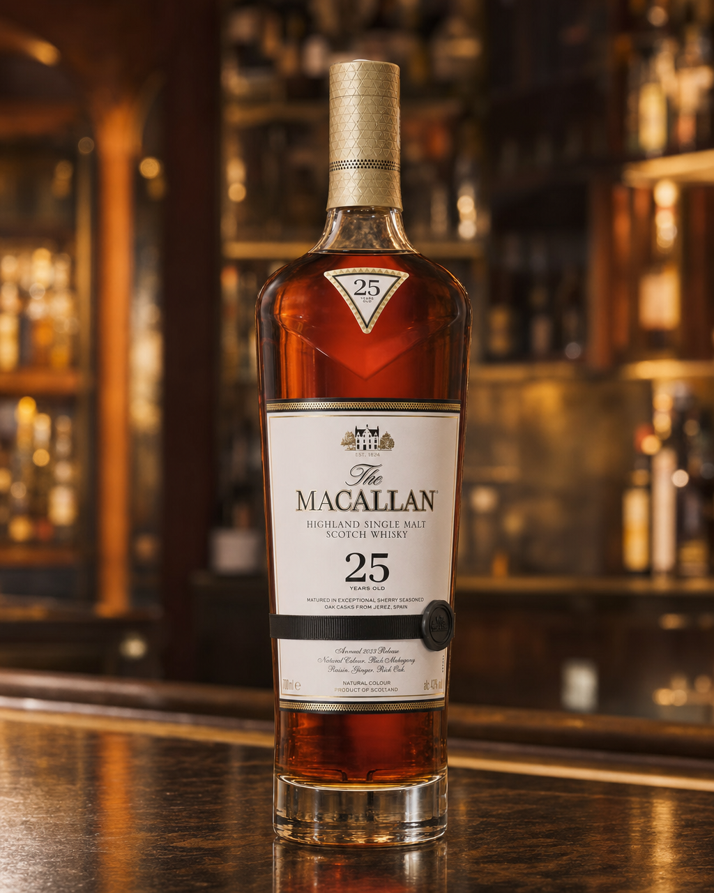 Macallan Sherry Oak, 25 Years Old (2023) bottle, alternate view