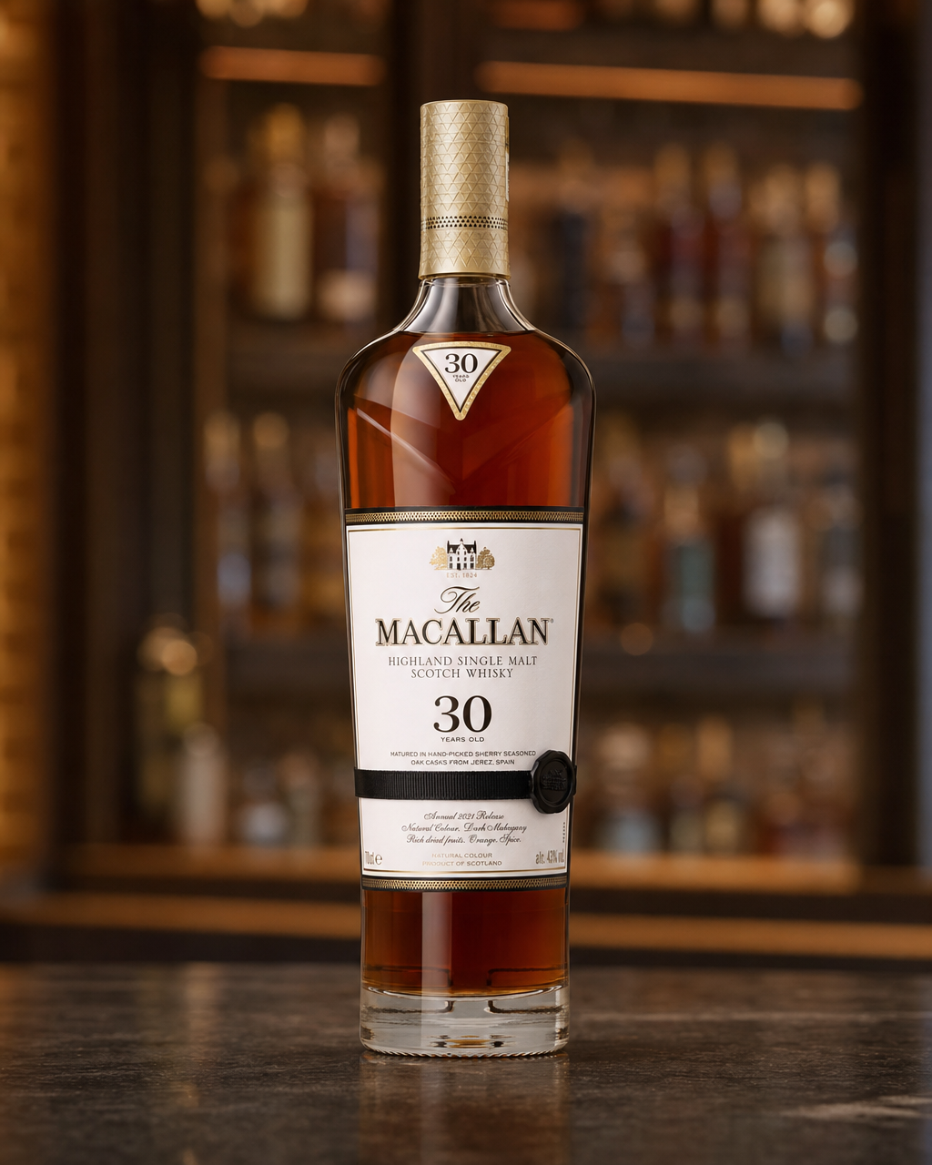 Macallan Sherry Oak, 30 Years Old (2021) bottle, alternate view