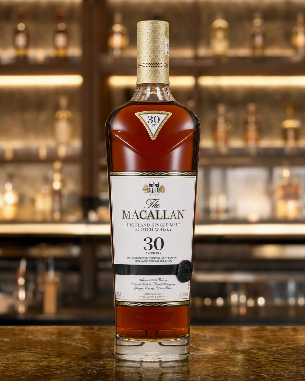 Macallan Sherry Oak, 30 Years Old (2023) bottle, alternate view