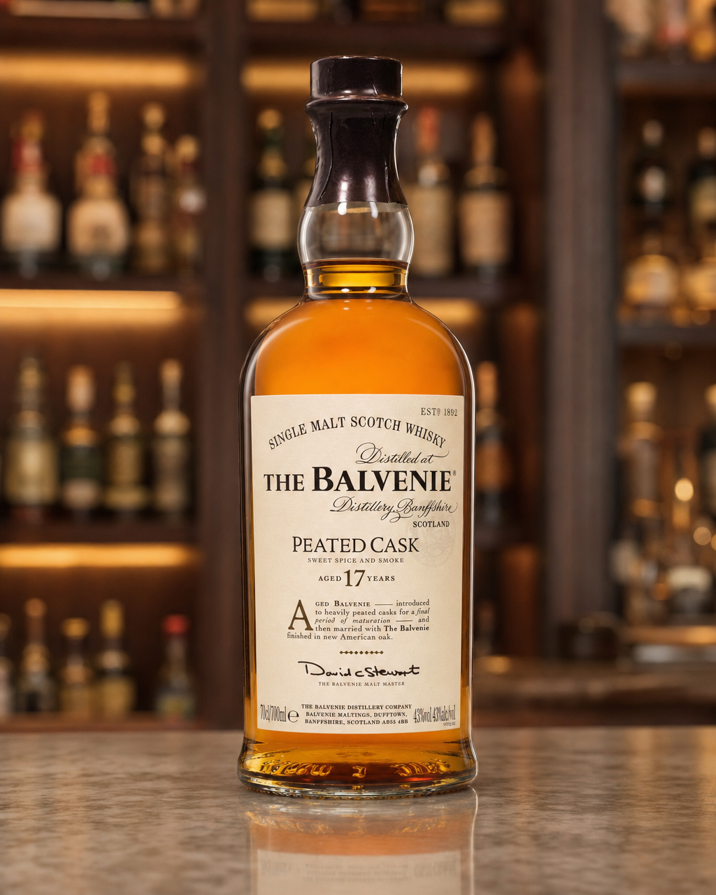 Balvenie 17 Year Old Peated Cask bottle, alternate view