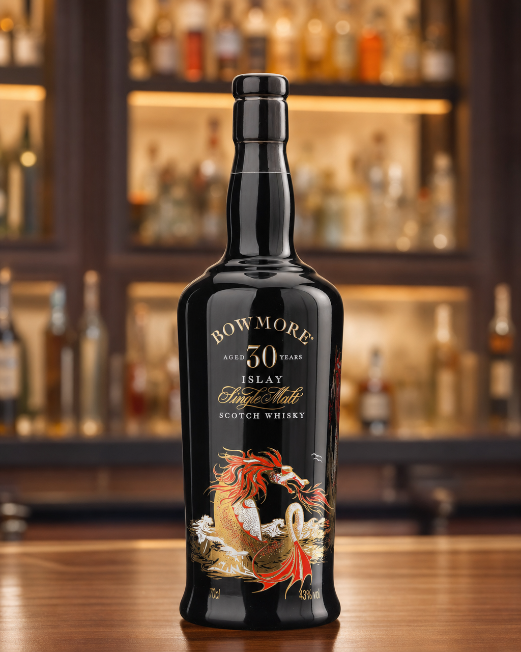 Bowmore 30 Year Old Sea Dragon bottle, alternate view