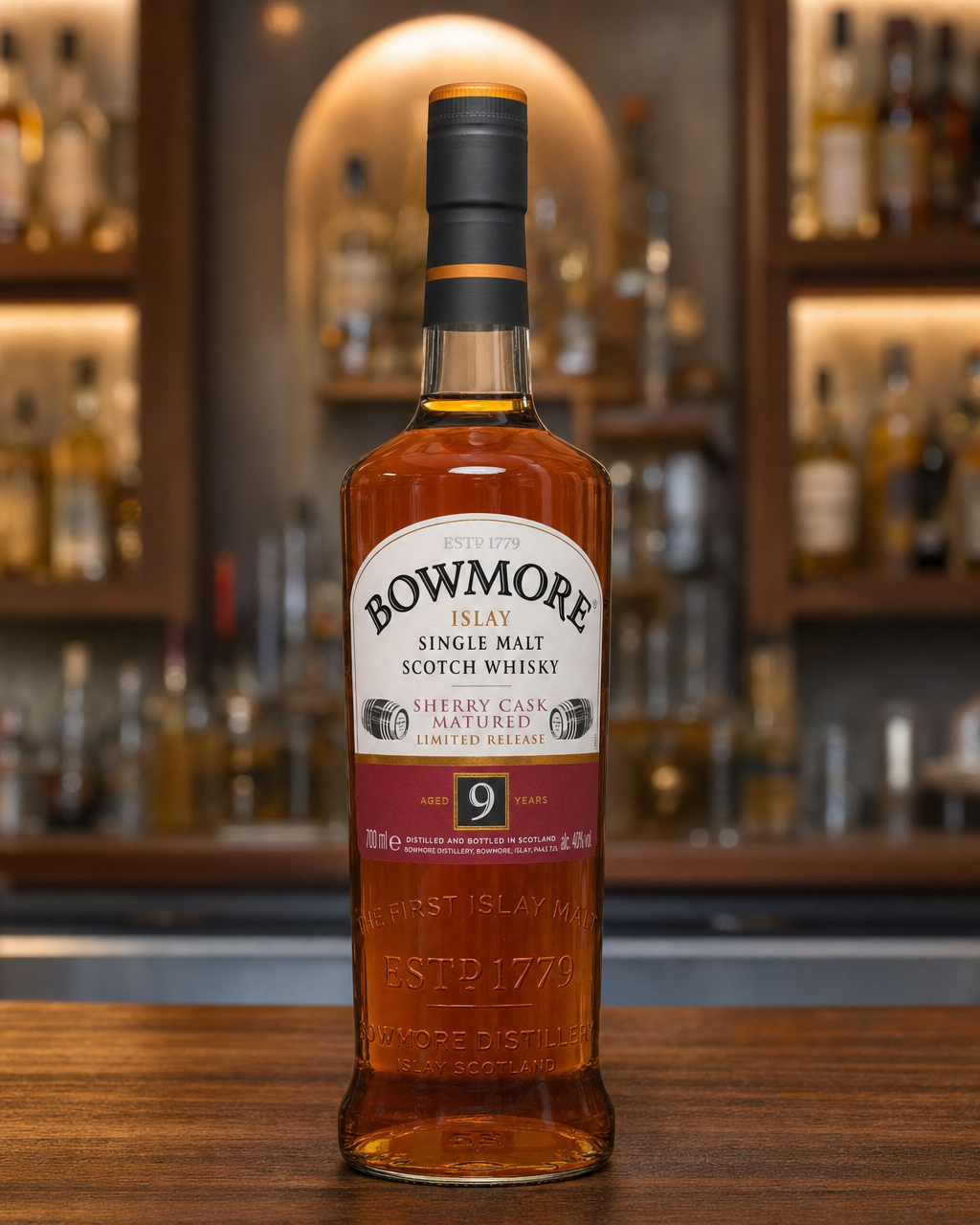 Bowmore 9 Year Old Sherry Cask bottle, alternate view