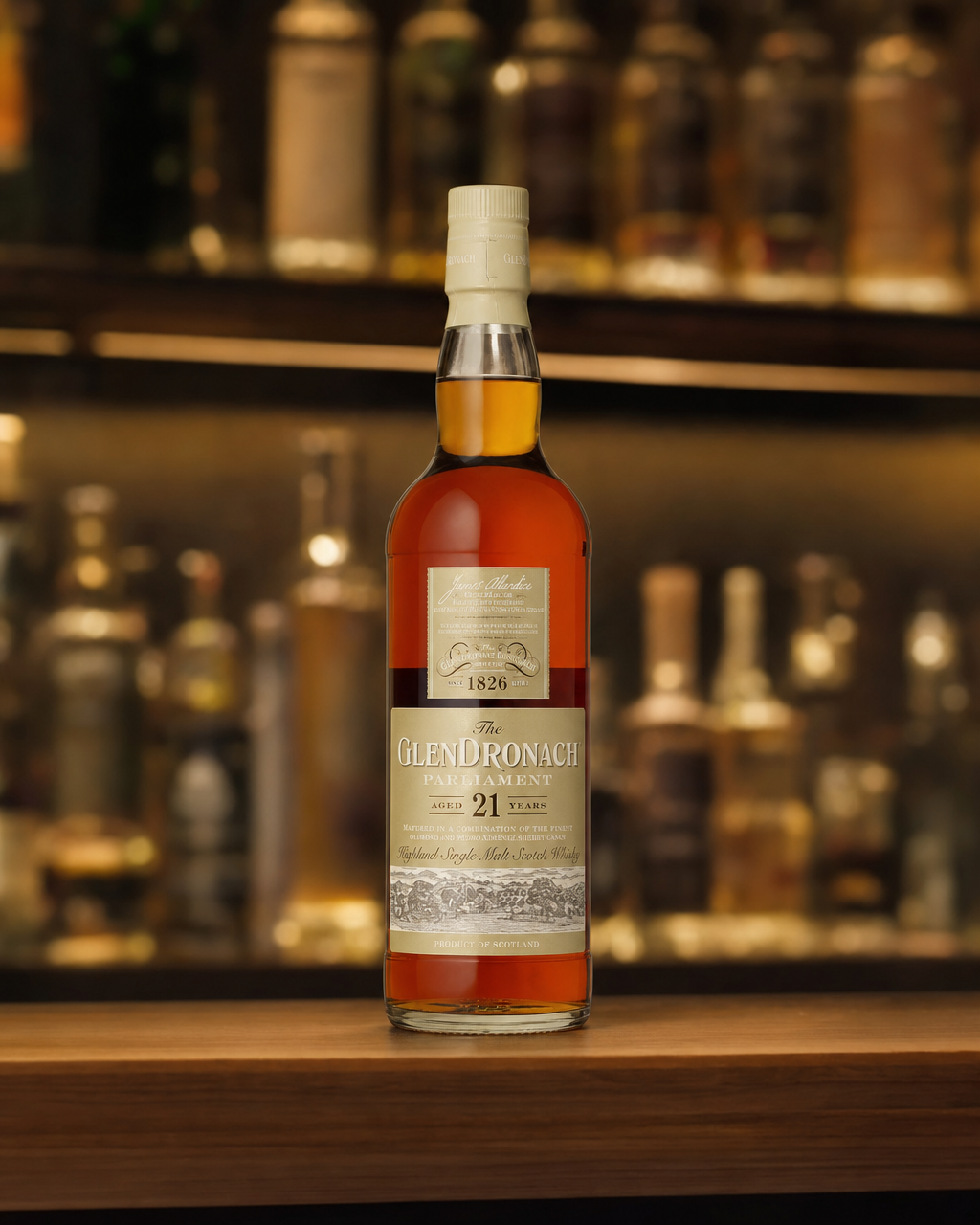 Glendronach 21 Year Old Parliament 2022 Release bottle, alternate view