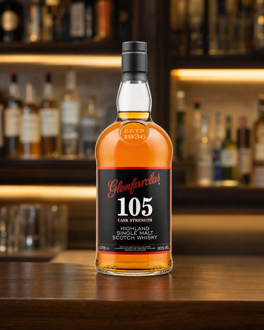 Glenfarclas 105° 1L bottle, alternate view