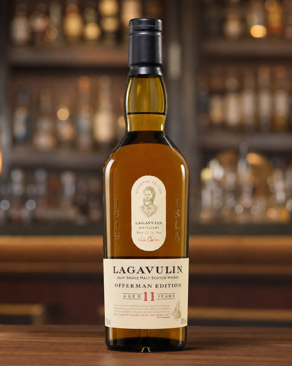 Lagavulin 11 Year Old Offerman Edition bottle, alternate view