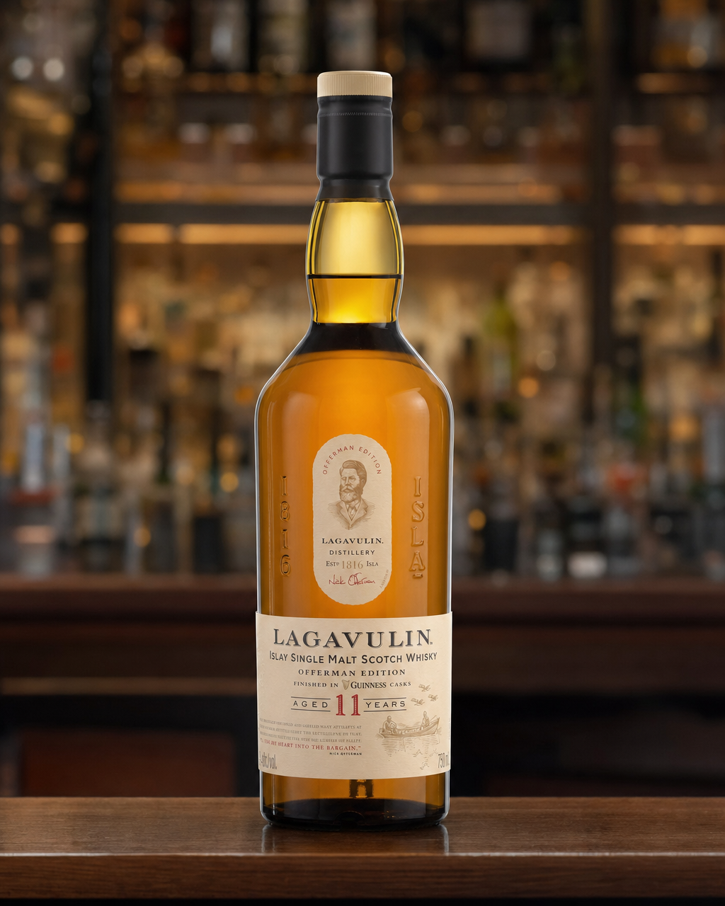 Lagavulin 11 Year Old Offerman Guinness Edition bottle, alternate view