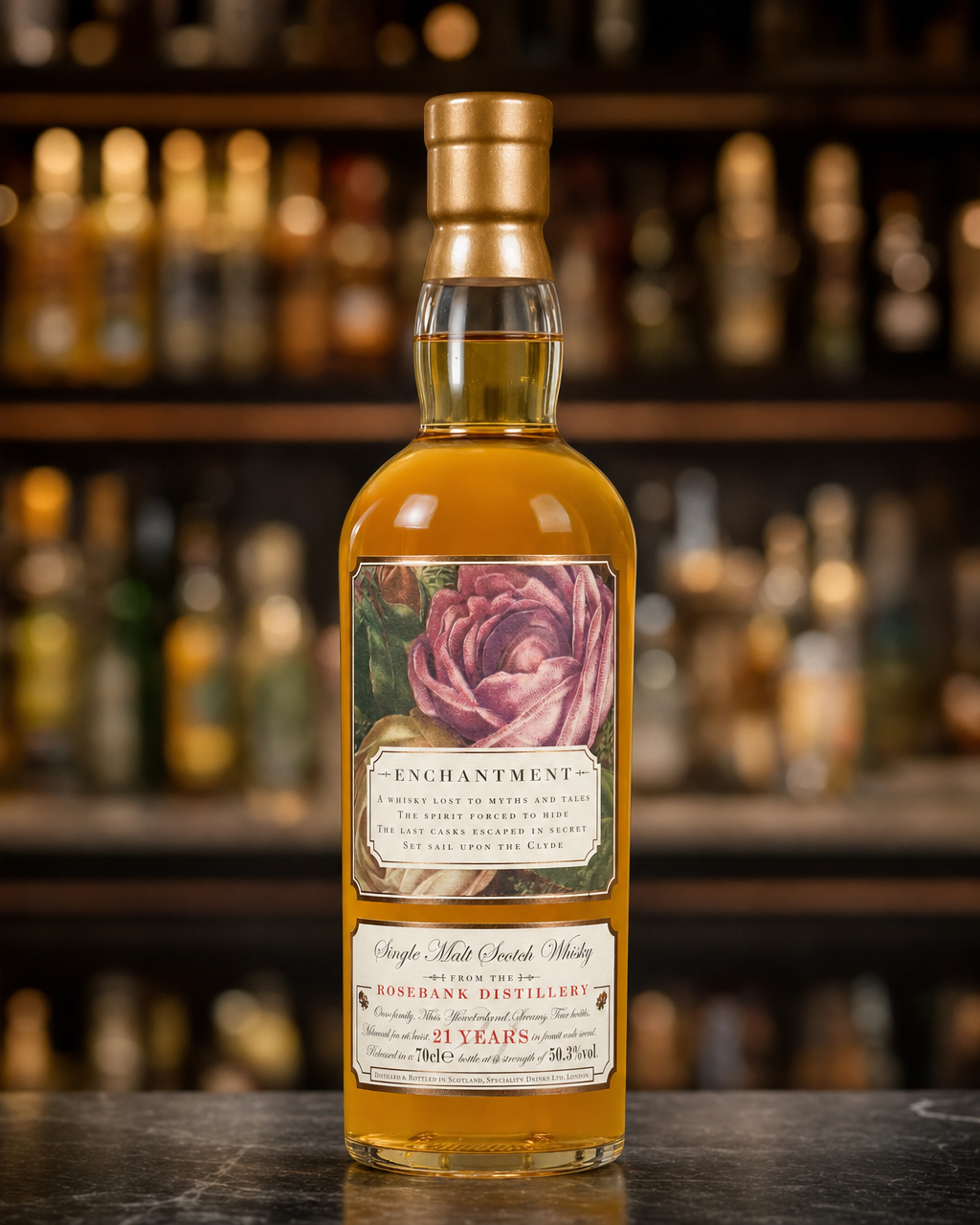 Rosebank 21 Years Old / The Roses Enchantment Edition VII bottle, alternate view