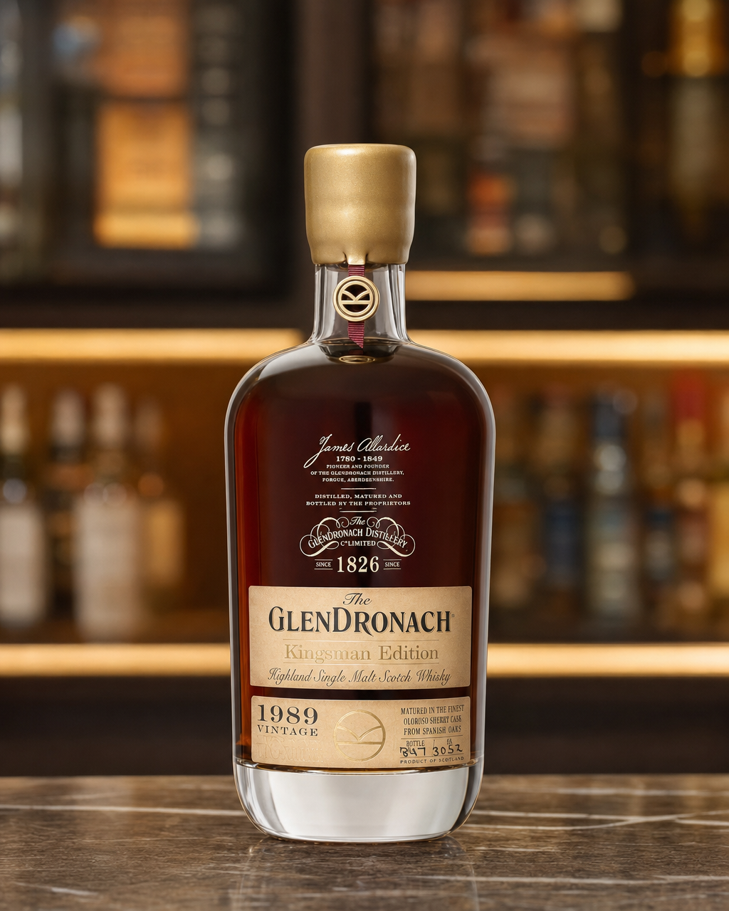 GlenDronach 1989 29 Year Old Kingsman Edition bottle, alternate view