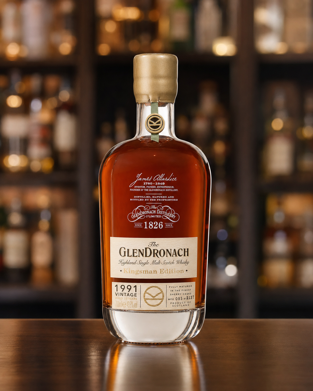 GlenDronach 1991 25 Year Old Kingsman Edition bottle, alternate view