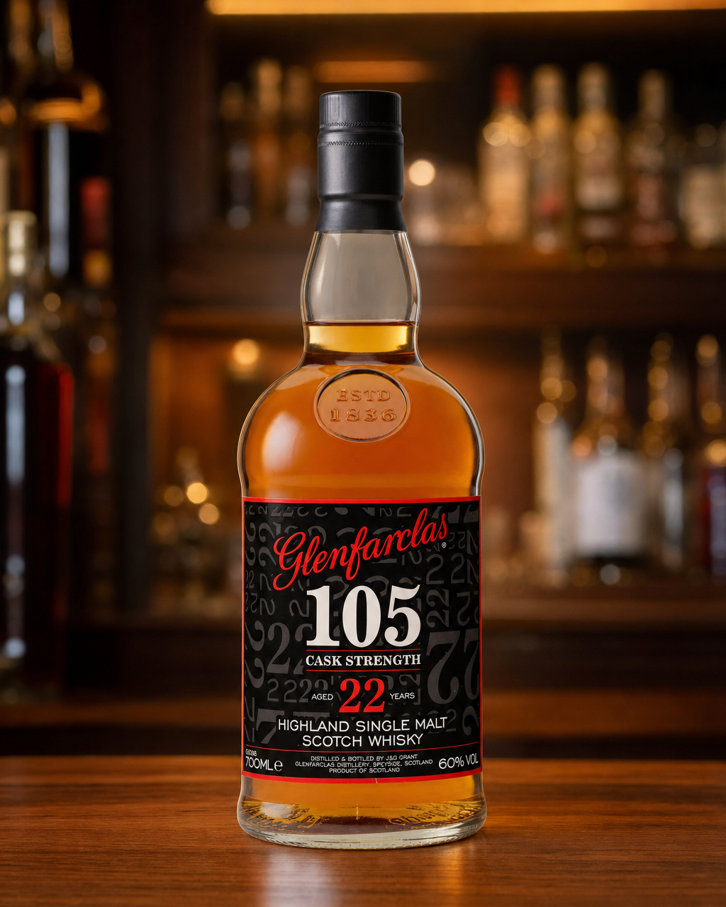Glenfarclas 105° 22 Year Old 50th Anniversary bottle, alternate view