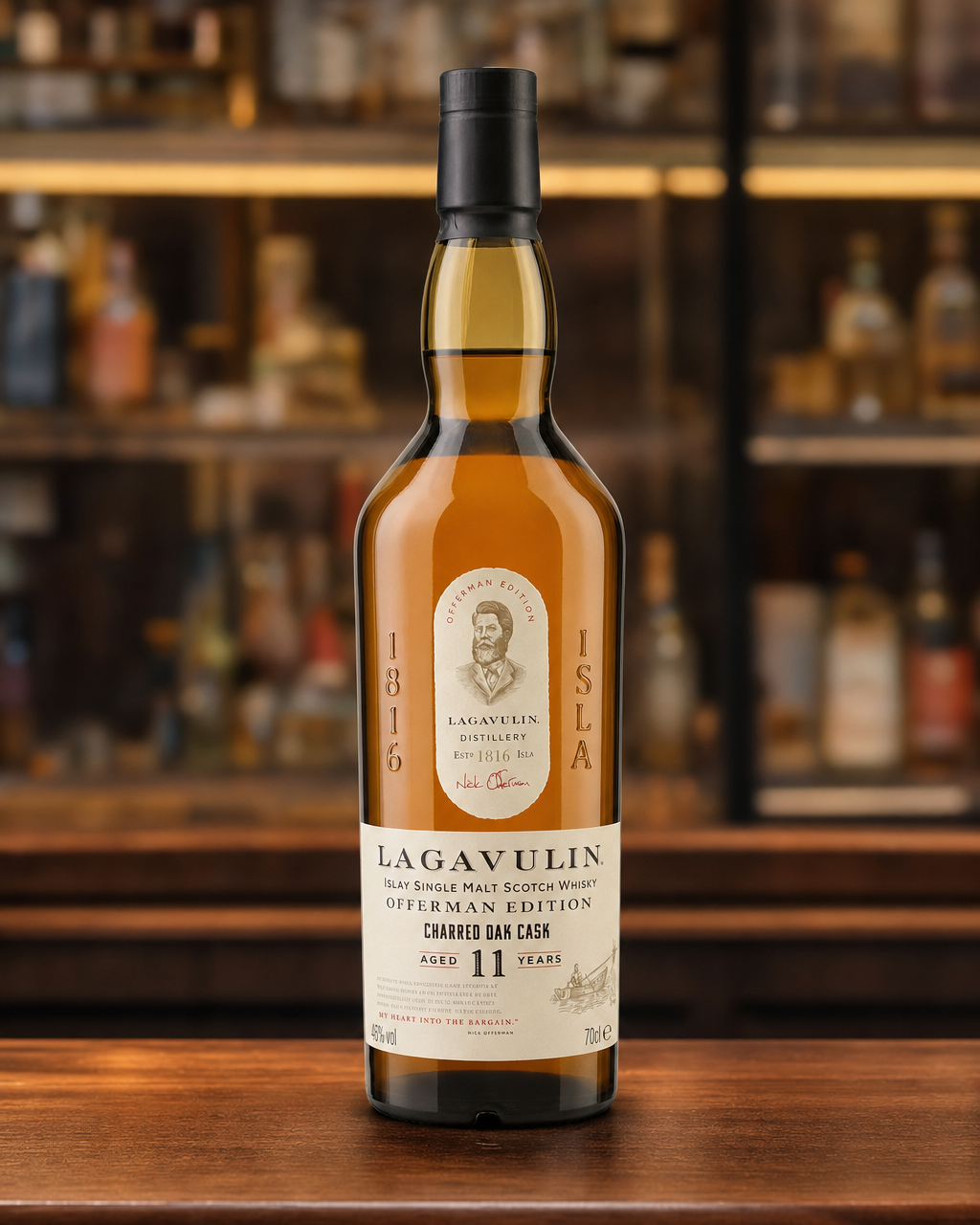 Lagavulin 11 Year Old Offerman Charred Oak Cask Edition bottle, alternate view