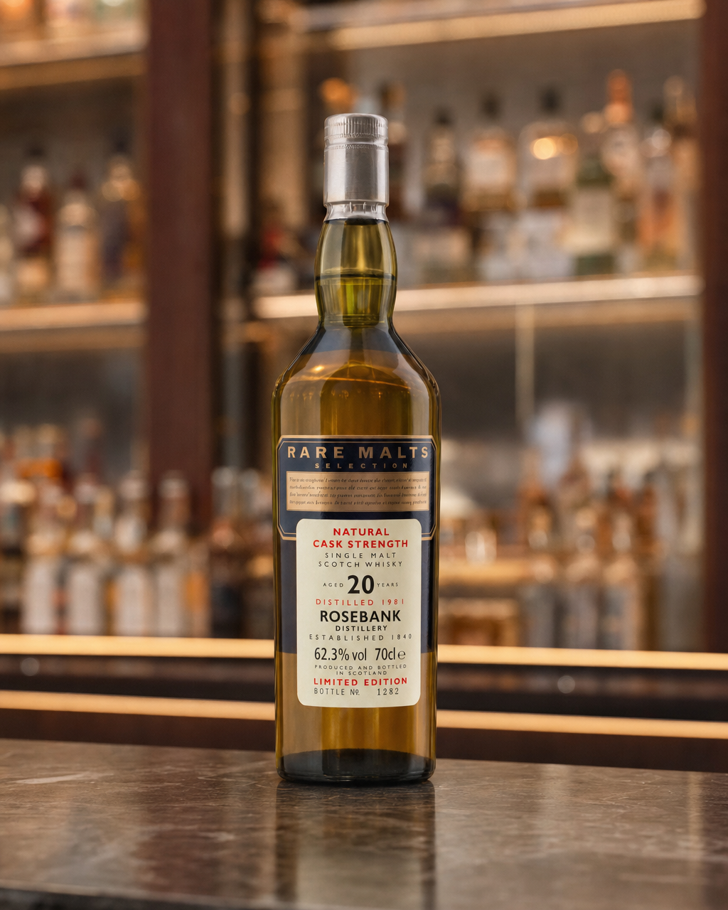Rare Malts Rosebank 1981 20 Year Old bottle, alternate view