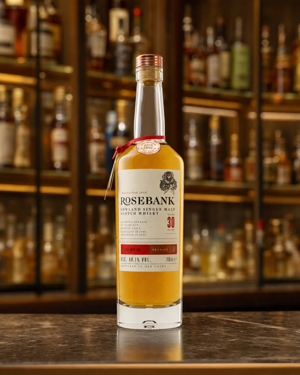 Rosebank 1990 30 Year Old Release #1 bottle, alternate view