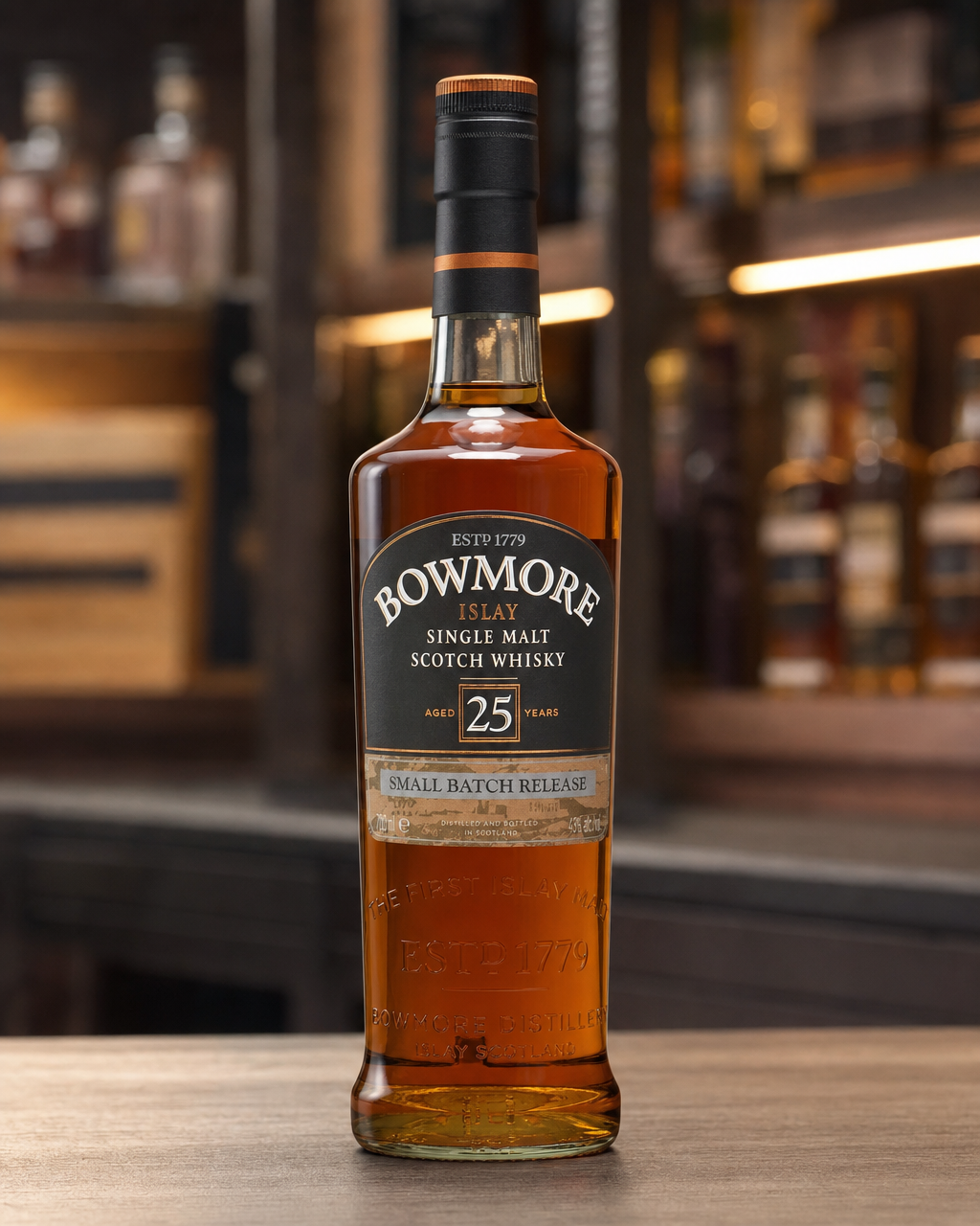 Bowmore 25 Year Old Small Batch Release bottle, alternate view