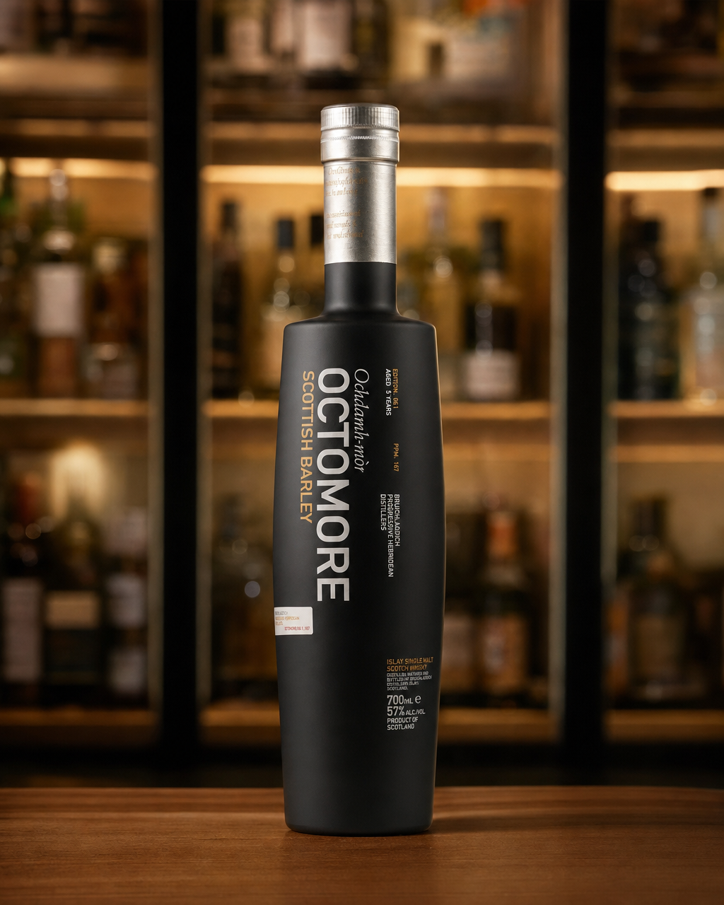 Bruichladdich Octomore Scottish Barley 5 Year Old bottle, alternate view