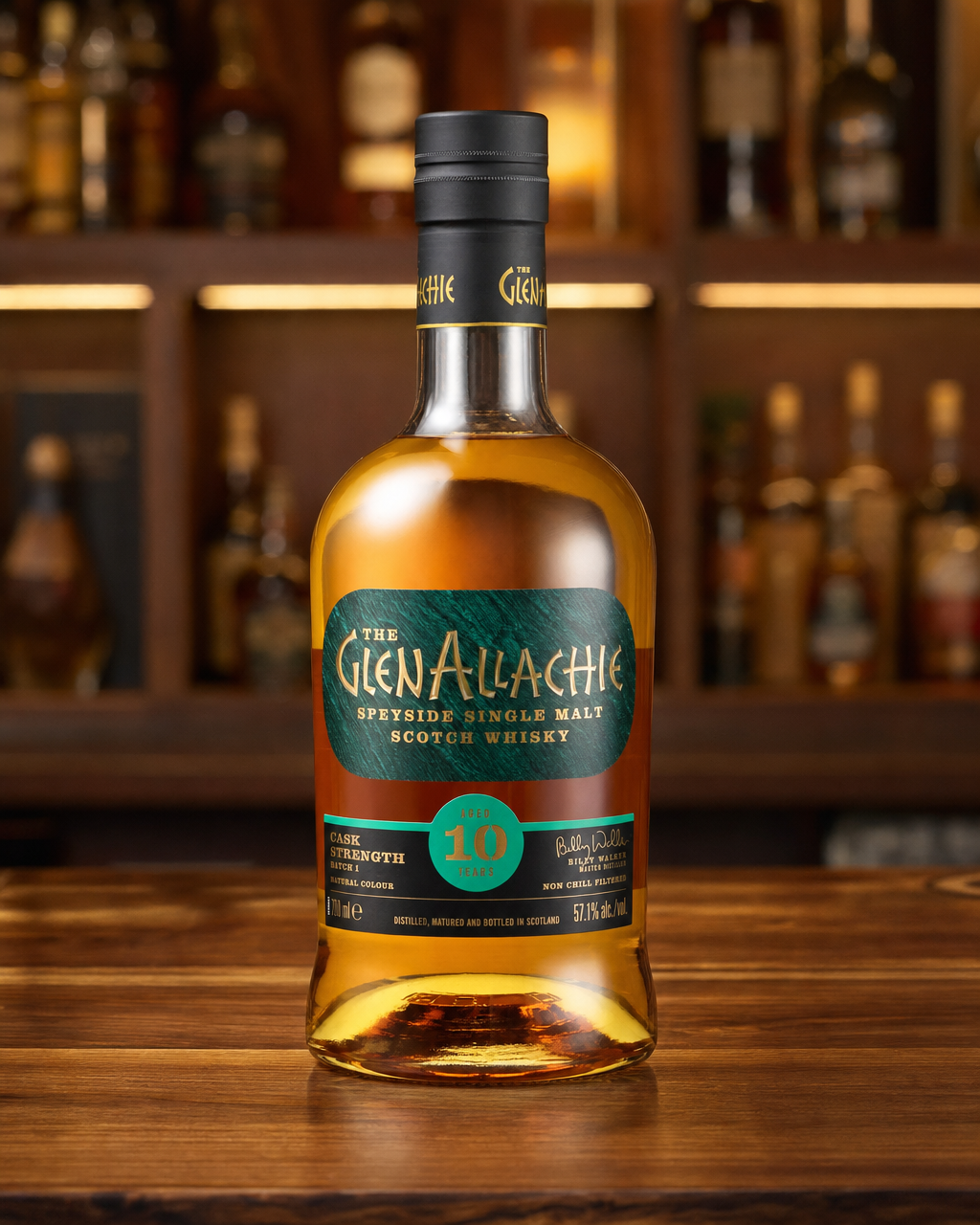 GlenAllachie 10 Year Old Cask Strength Batch #1 bottle, alternate view