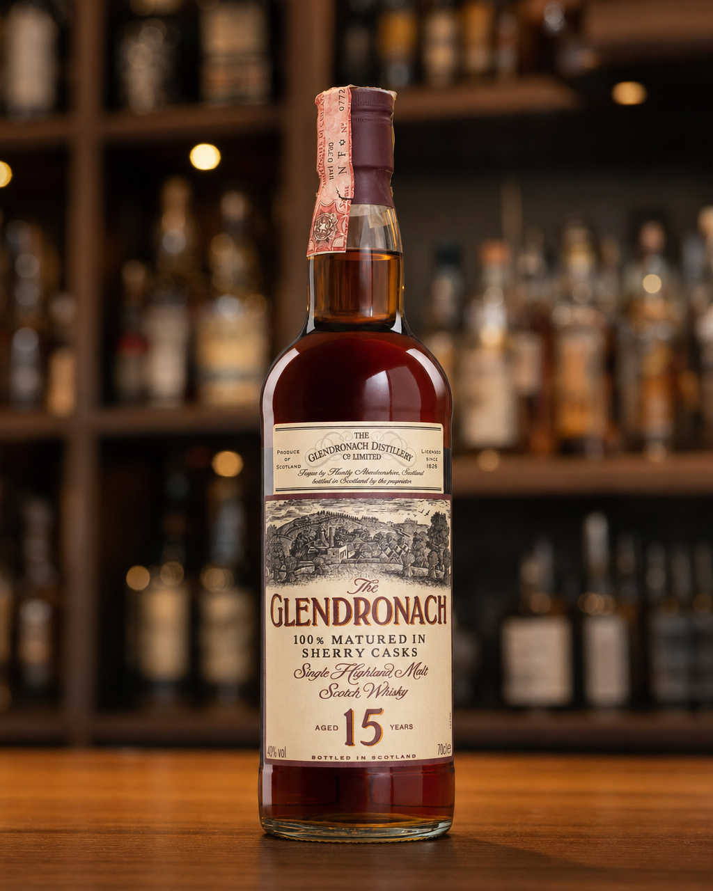Glendronach 15 Year Old bottle, alternate view