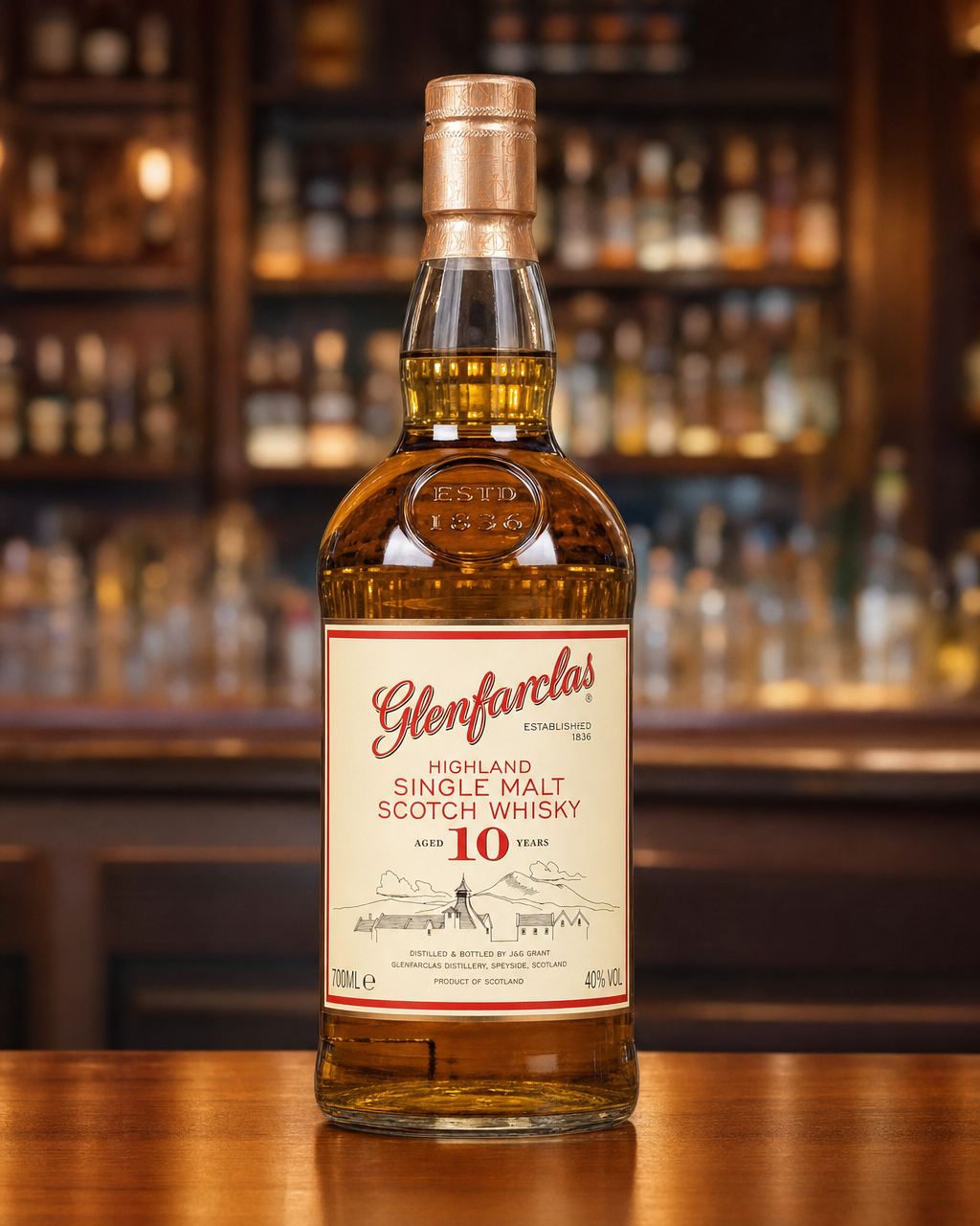 Glenfarclas 10 Year Old bottle, alternate view