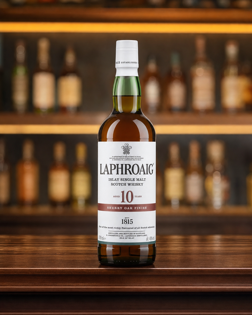 Laphroaig 10 Year Old bottle, alternate view